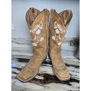 Reywelt Tan Leather Floral Embroidered Square Toe Western Cowboy Boots Women 9.5
